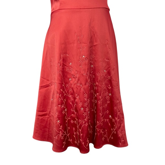 Embroidered Beaded Satin Dress 13 burgundy red underlay spaghetti strap Y2K - Picture 9 of 15